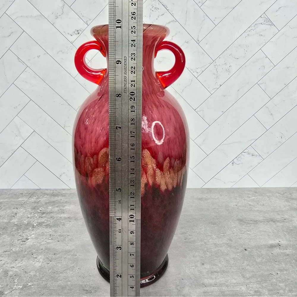 Hand Blown Double Handle Amphora Art Glass Vase Red Gold Green Aventurine 10in